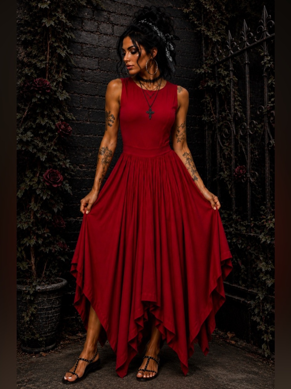 Shop WTD Red Handkerchief Hem Midi Dress Size Medium Gothic Boho Romantic